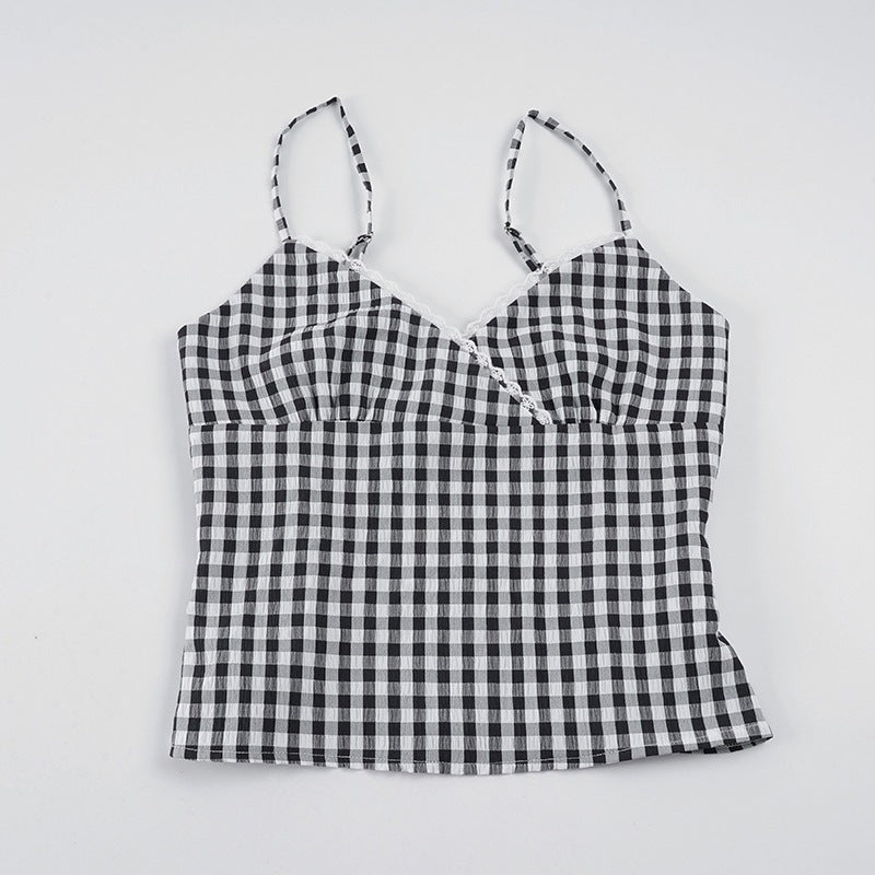 Damen V-Ausschnitt Vichy-Trägertop mit Spitzendetails EB