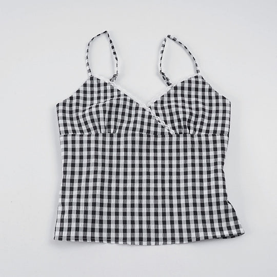 Damen V-Ausschnitt Vichy-Trägertop mit Spitzendetails EB