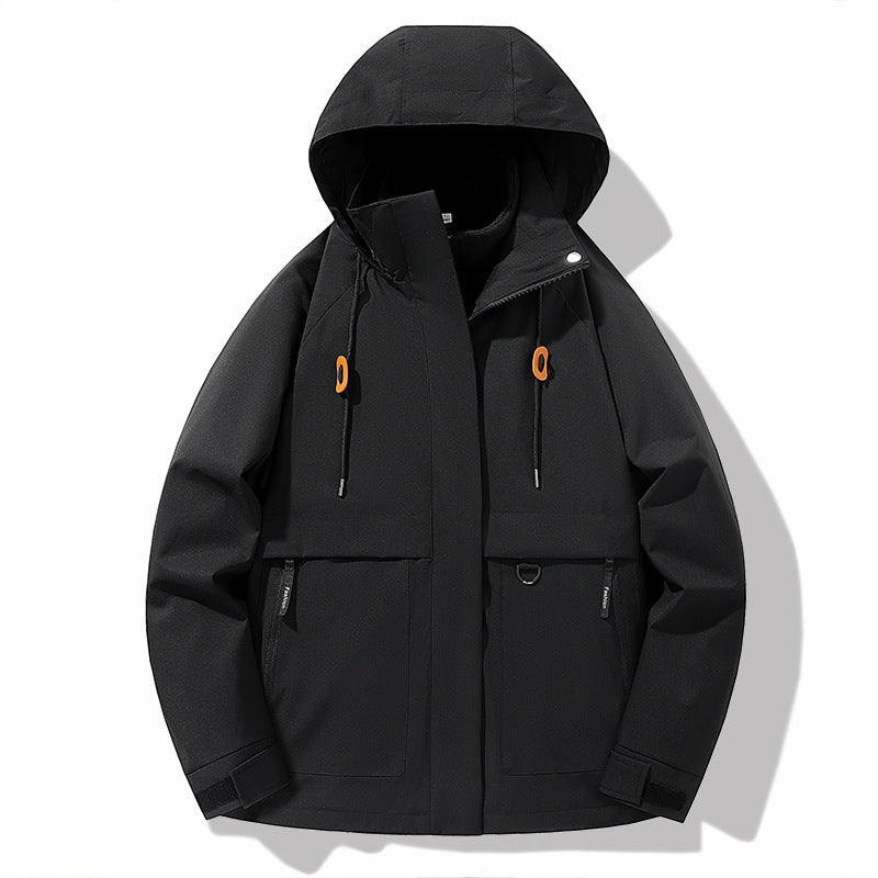 Damen funktionale Wetterjacke mit verstellbarem Kapuzenkragen und großzügigen Taschen EB