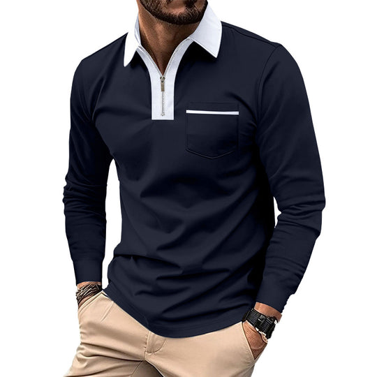 Herren Modisches Langarm-Polohemd mit Reißverschluss und Brusttasche EB