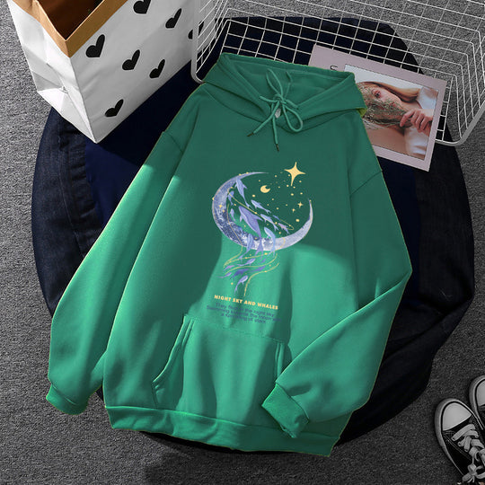 Damen nan Kapuzenpullover mit Mond‑und‑Wal-Illustration, Oversize-Schnitt und Kängurutasche EB