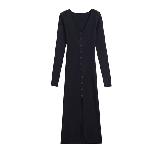 Damen Strickkleid mit V-Ausschnitt und Knopfleiste EB