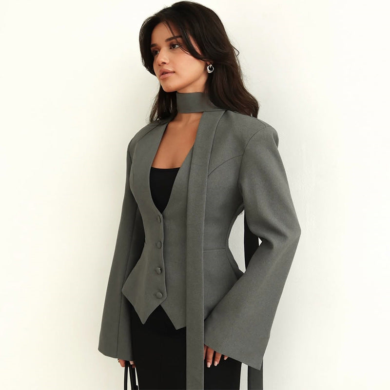 Damen taillierte Blazer-Top mit schmalem Kragen EB