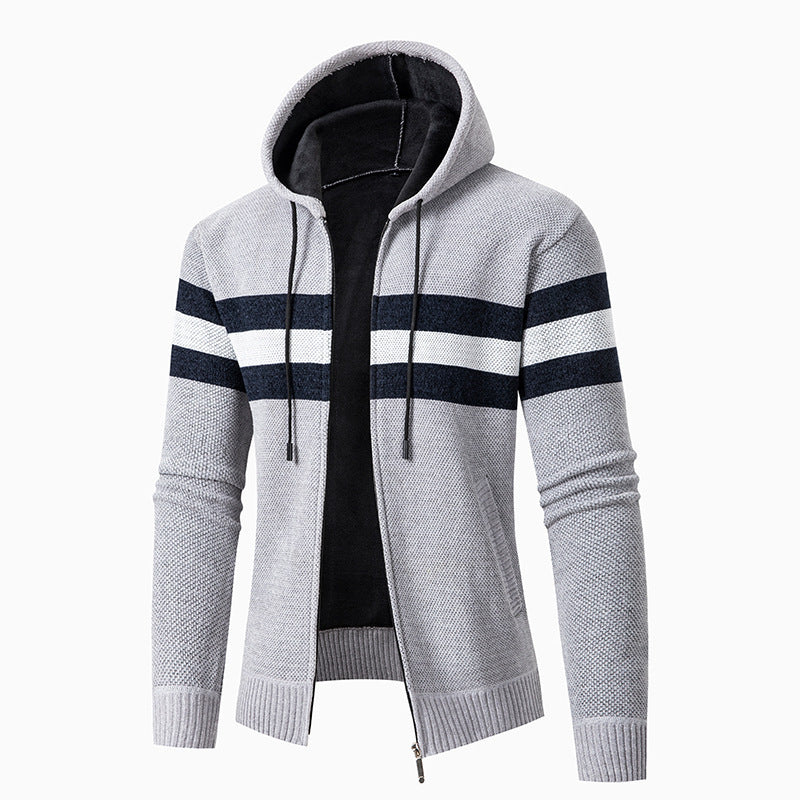 Herren lässiger Strickjacke mit Kapuze und Kontraststreifen EB