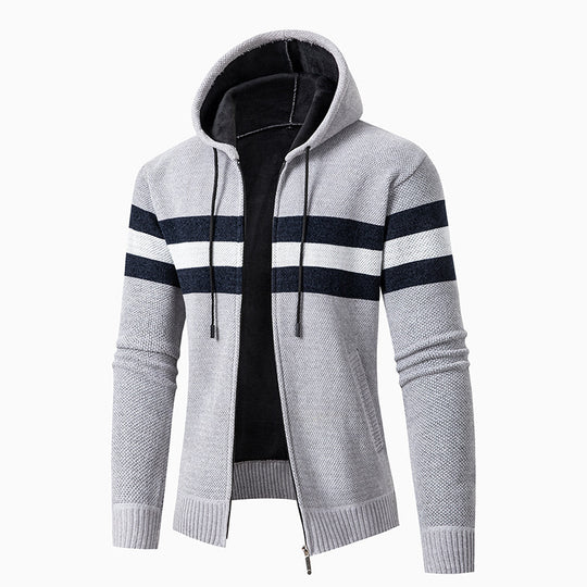 Herren lässiger Strickjacke mit Kapuze und Kontraststreifen EB