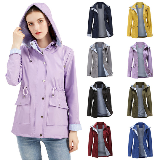 Damen nan leichte wasserdichte Regenjacke mit Kapuze und Taillenzug EB