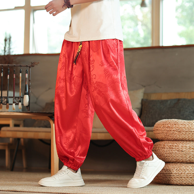 Herren nan weite Jacquard-Satin-Haremshose mit Tunnelzug, elastischen Bündchen und traditionellem Drachenmotiv EB