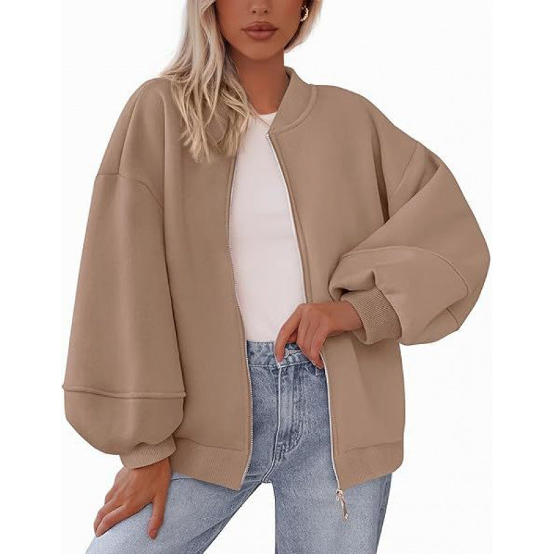 Damen lässige Oversized-Jacke mit Reißverschluss und ballonen Ärmeln EB