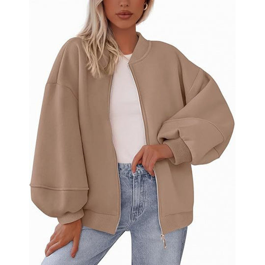 Damen lässige Oversized-Jacke mit Reißverschluss und ballonen Ärmeln EB