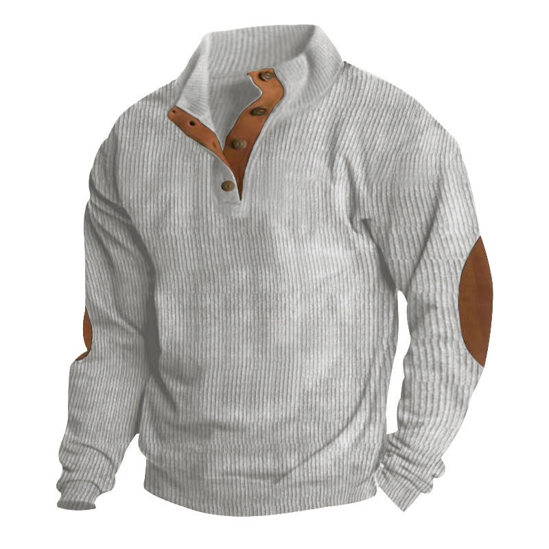 Herren nan grober Rippstrick-Pullover mit Stehkragen, Knopfleiste und markanten Ellenbogenpatches EB
