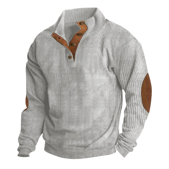 Herren nan grober Rippstrick-Pullover mit Stehkragen, Knopfleiste und markanten Ellenbogenpatches EB