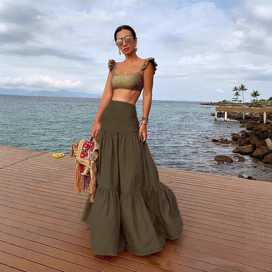 Damen Crop-Top und Rock Set mit Rüschen und floralem Muster EB