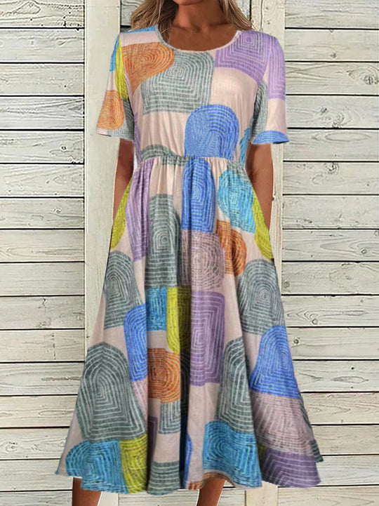 EB | Rundhalsausschnitt Kurzarm Bohemian Print Kleid Frauen