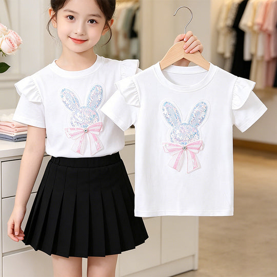 Mädchen T-Shirt mit glitzerndem Hasenmotiv und Rüschendetails EB