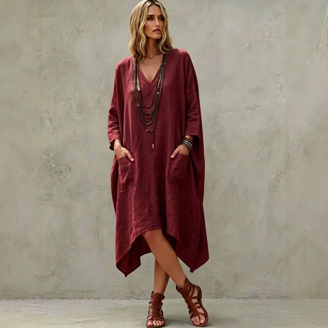 Damen nan Oversize Kaftankleid mit V-Ausschnitt, Eingrifftaschen und asymmetrischem Saum EB
