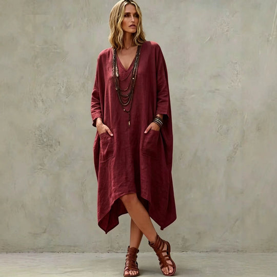 Damen nan Oversize Kaftankleid mit V-Ausschnitt, Eingrifftaschen und asymmetrischem Saum EB
