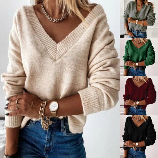 Damen lässiger V-Ausschnitt Pullover aus weichem Strick EB