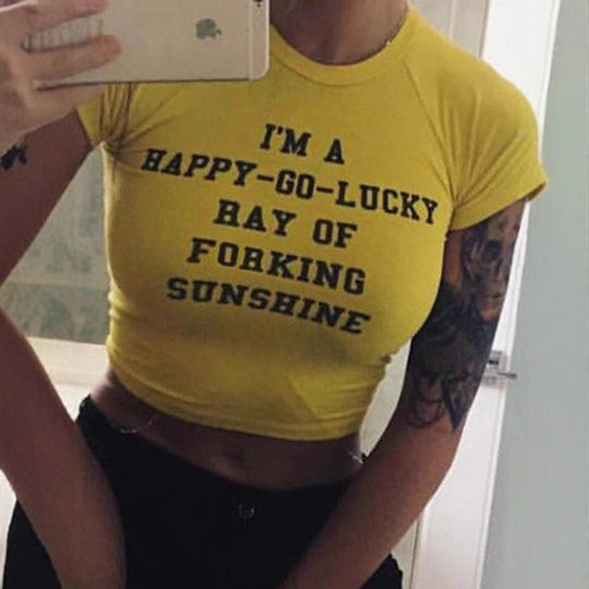 Damen Crop-Top mit kreativem Spruch und körperbetontem Schnitt EB