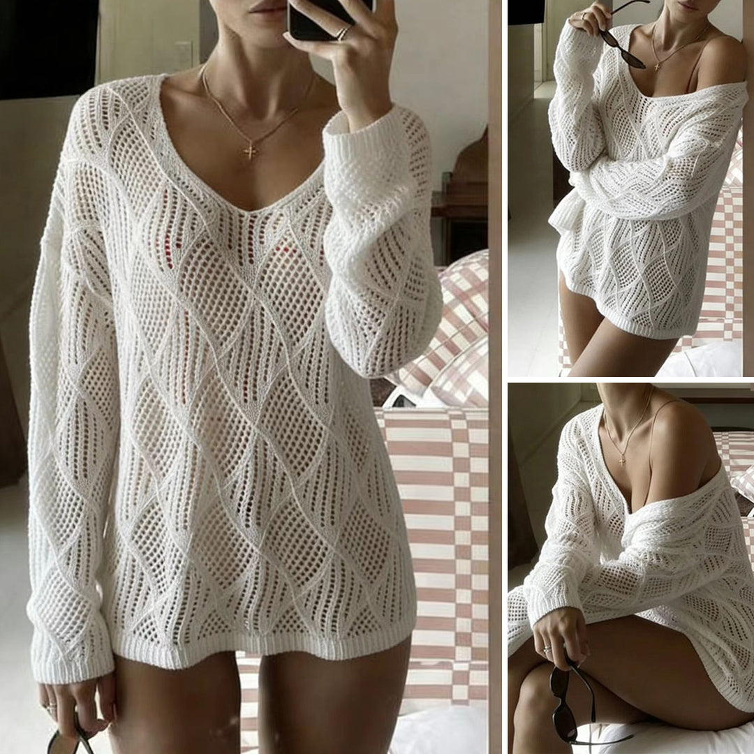 Damen legerer Netzpullover mit V-Ausschnitt und stylischen Details EB