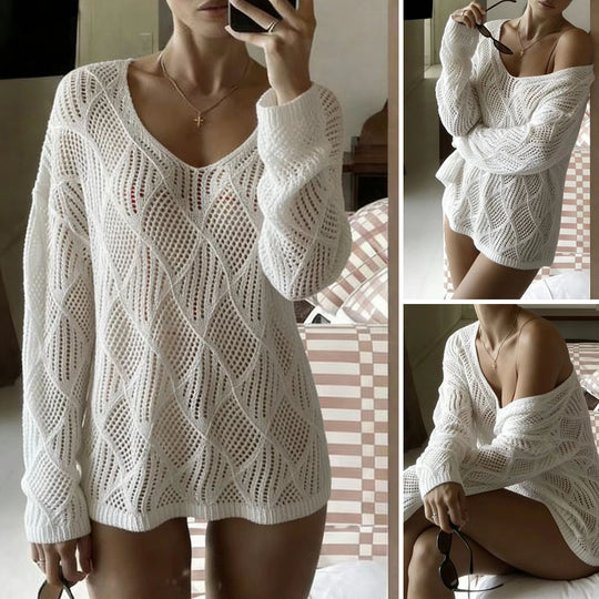 Damen legerer Netzpullover mit V-Ausschnitt und stylischen Details EB