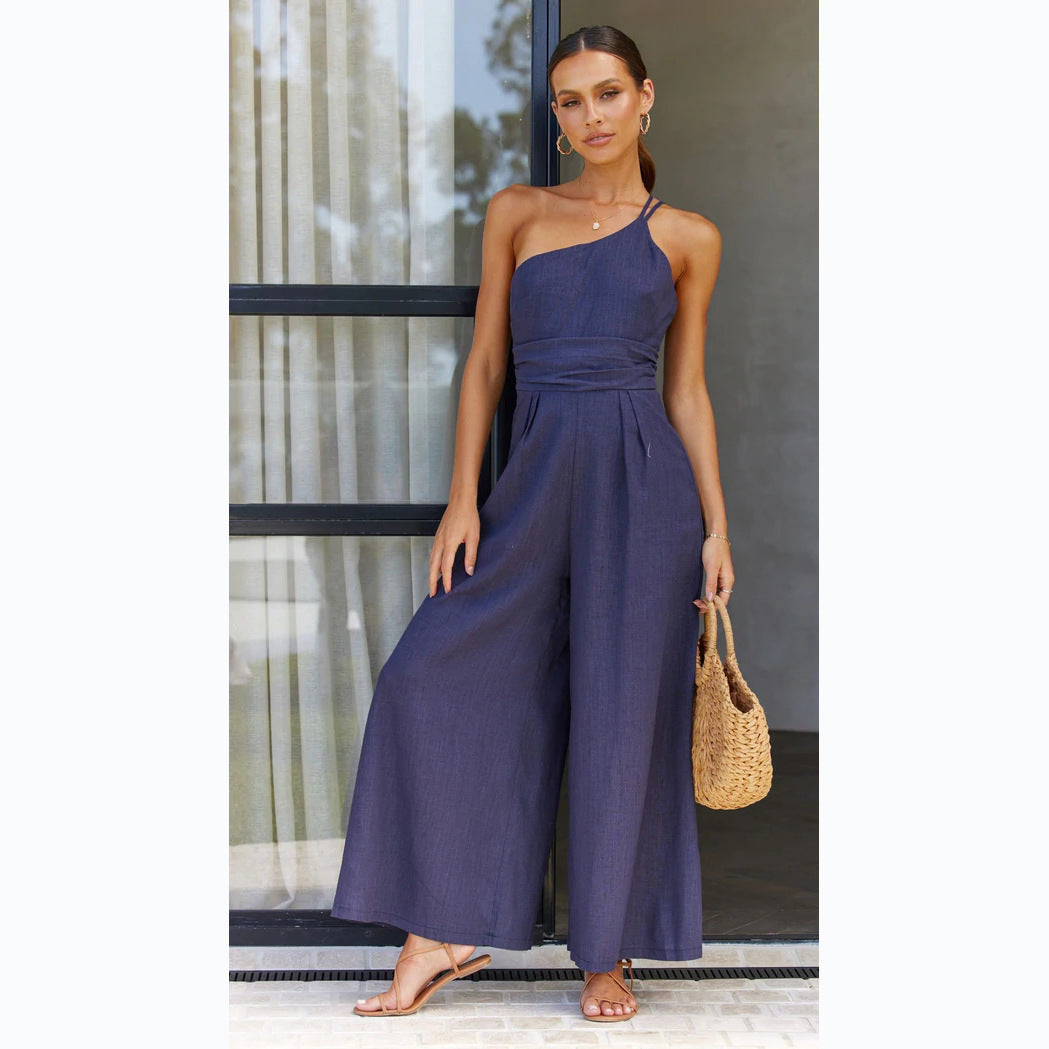 Damen Jumpsuit im modischen Wickeldesign mit weitem Bein und schulterfreiem Schnitt EB