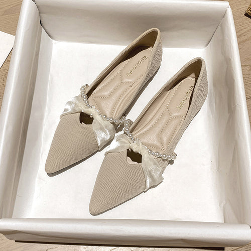Damen elegante Ballerinas mit luxuriösem Schleifen- und Perlenakzent EB