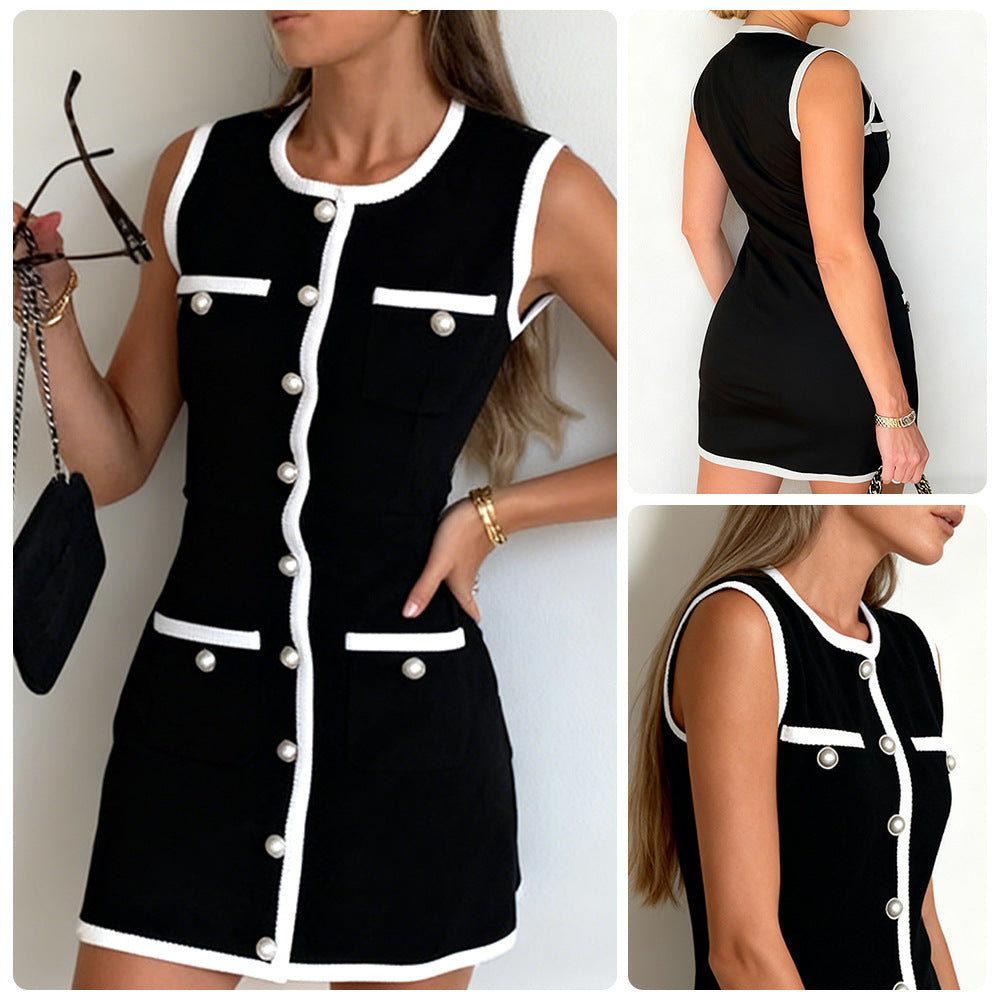 Damen figurbetontes Cocktailkleid mit kontrastierenden Taschen und eleganten Knöpfen EB
