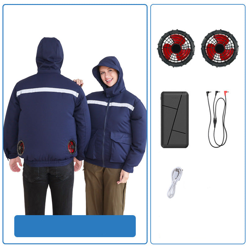 Unisex nan ventilated jacket for work and outdoor with integrated USB fans, battery compartment and hood EB