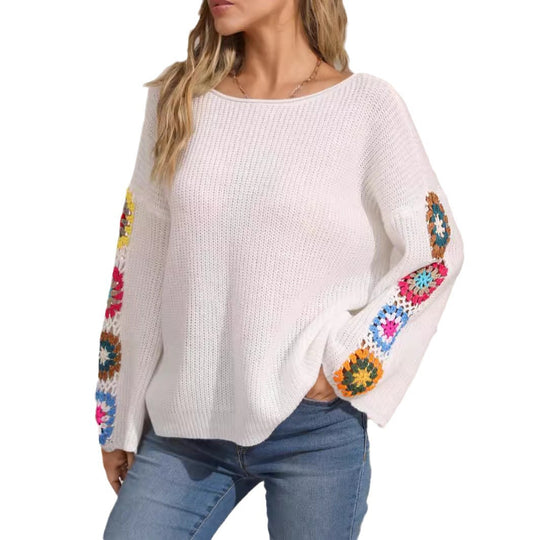 Damen gestreifter Strickpullover mit bunten Blumenapplikationen EB