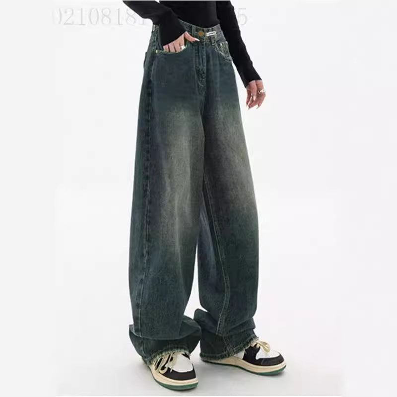 Damen nan hochgeschnittene extraweite Baggy-Jeans mit überlangem Saum und Vintageoptik EB