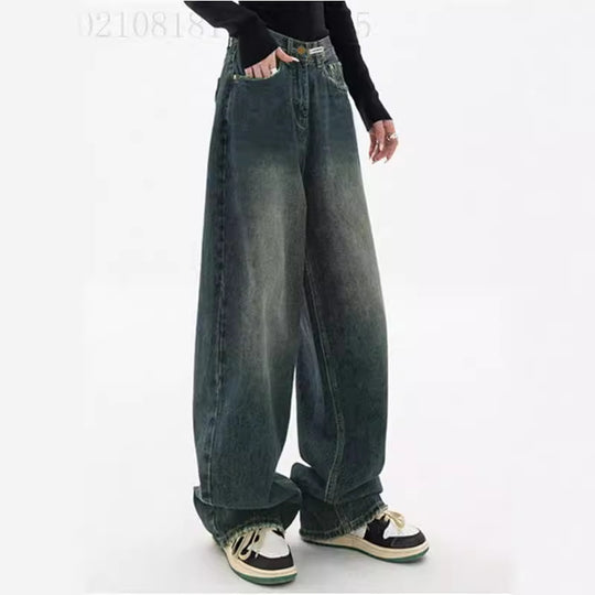 Damen nan hochgeschnittene extraweite Baggy-Jeans mit überlangem Saum und Vintageoptik EB