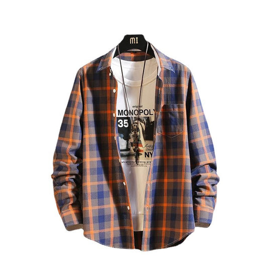 Herren nan lässiges kariertes Baumwoll-Flanellhemd mit Button-Down-Kragen, Brusttasche und abgerundetem Saum EB