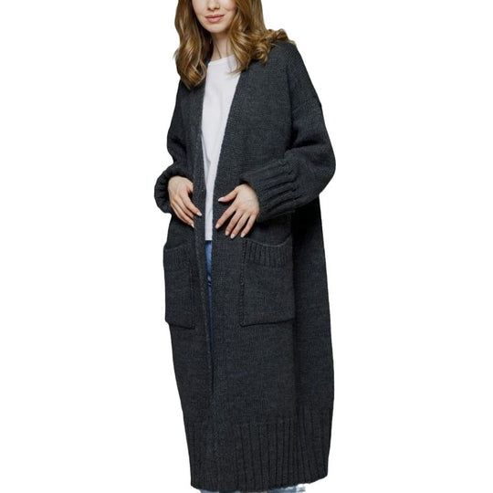 Damen bequemer langer Strickcardigan mit Taschen und breiten Ärmeln EB