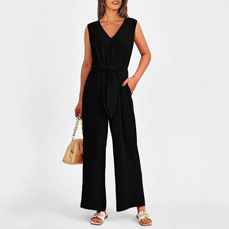 Damen Elegantes Jumpsuit mit V-Ausschnitt und tailliertem Bindegürtel EB