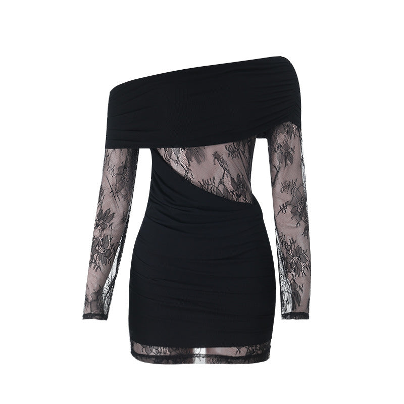 Damen schulterfreies Spitzenkleid mit Rüschendetails und figurbetontem Schnitt EB