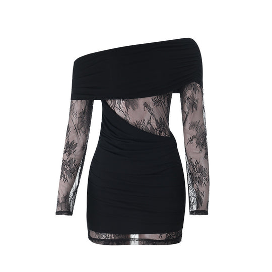 Damen schulterfreies Spitzenkleid mit Rüschendetails und figurbetontem Schnitt EB