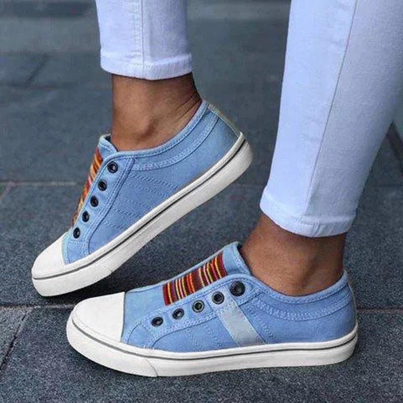 Damen Sportliche Canvas Sneaker mit buntem Streifenmuster EB