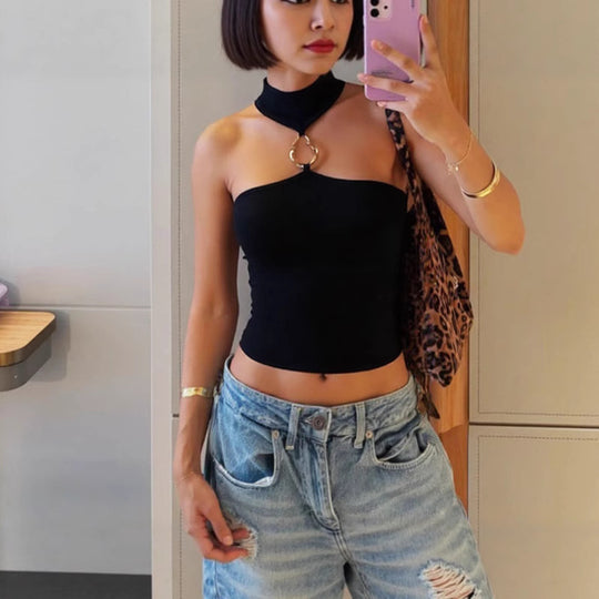 Damen Hochgeschlossenes Crop-Top mit dekorativem Ringdetail EB