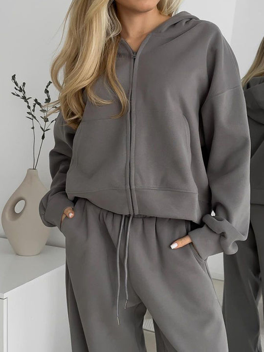 Damen lässiges Kapuzen-Sweatshirt mit Reißverschluss und weiten High-Waist Jogginghose EB