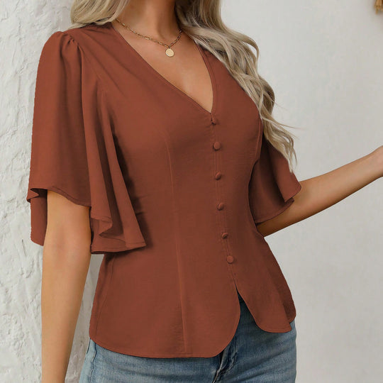 Damen elegante Bluse mit Glockenärmeln und Knopfdetail EB