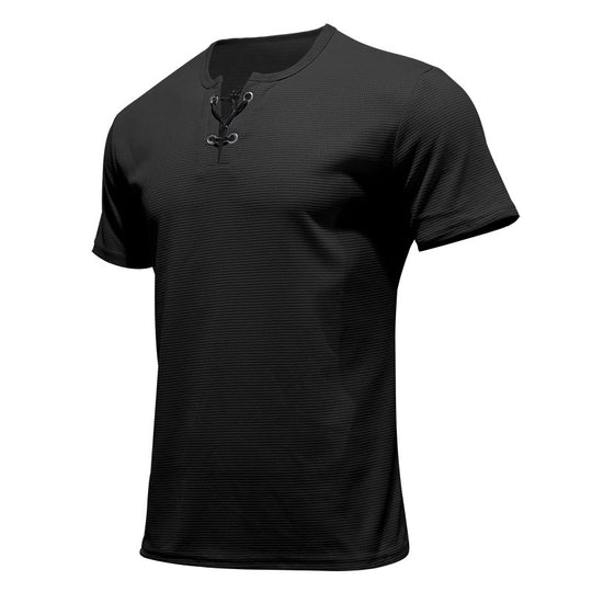 Herren nan Kurzarmshirt mit Schnürkragen, Metallösen und feinem Strukturjersey EB