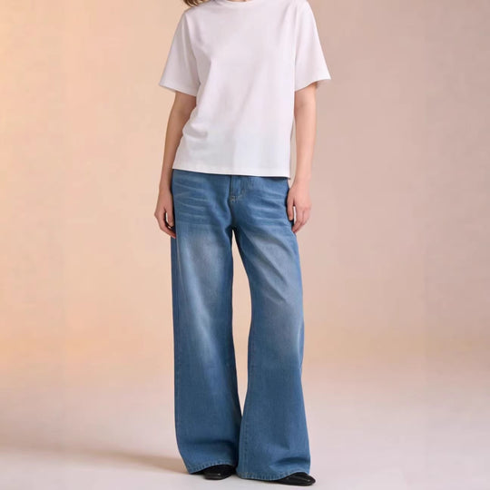 Damen weite Denim-Hose mit Vintage-Waschung und hoch geschnittenem Bund EB