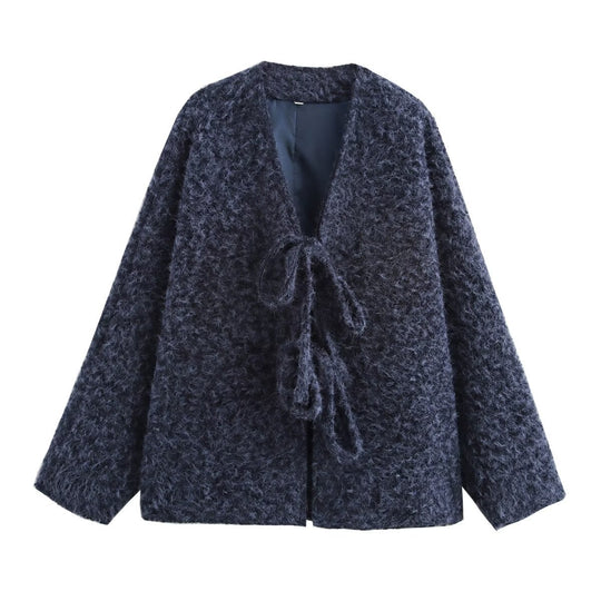 Damen Kuschelige Oversized Weste mit Bindebändern und anschmiegsamem Material EB