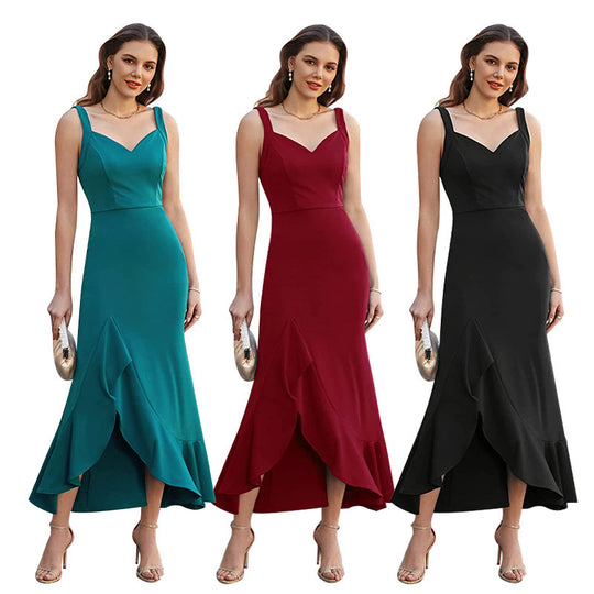 Damen elegantes Maxikleid mit raffinierter Rüschendetails und tiefem Schlitz EB
