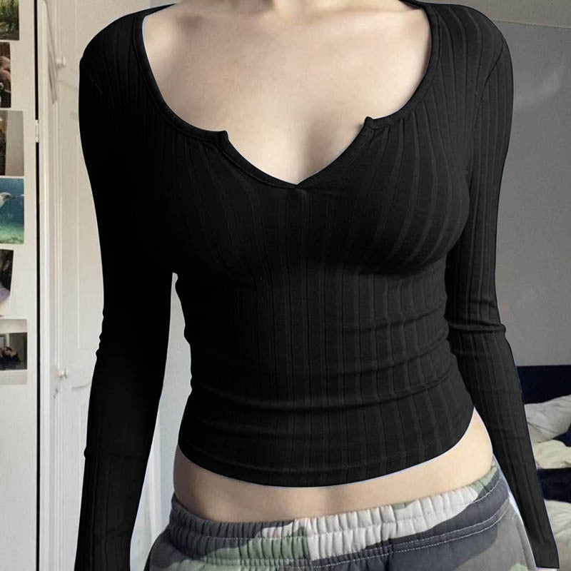Damen figurbetontes Langarmshirt mit V-Ausschnitt und Rippstruktur EB