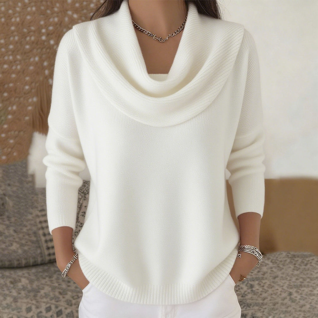 Damen nan schimmernder Strickpullover mit Wasserfallkragen, feiner Glitzerstruktur und schmalem Saum EB