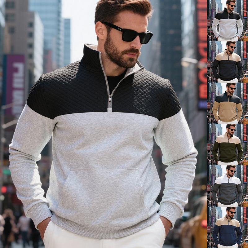 Herren Colorblock-Halbzip-Sweatshirt mit gesteppter Brustpartie, Kängurutasche und elastischen Bündchen EB