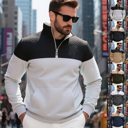 Herren Colorblock-Halbzip-Sweatshirt mit gesteppter Brustpartie, Kängurutasche und elastischen Bündchen EB