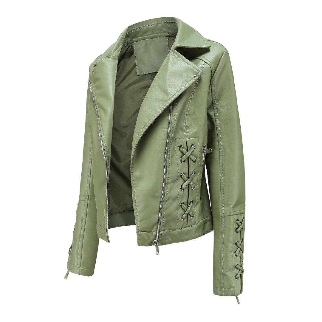 Damen modische Kunstlederjacke mit raffinierten Schnürdetails EB