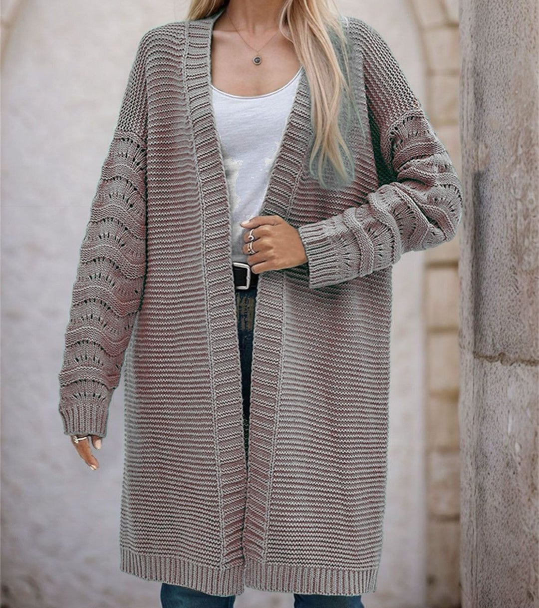 Damen Langer Strickcardigan mit luftiger Maschenstruktur und offener Front EB